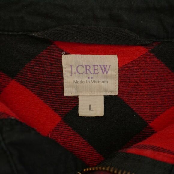 J. Crew Flannel Red Black Plaid Collared Shirt Jacket Large Zip + Pockets Cotton - Picture 8 of 9